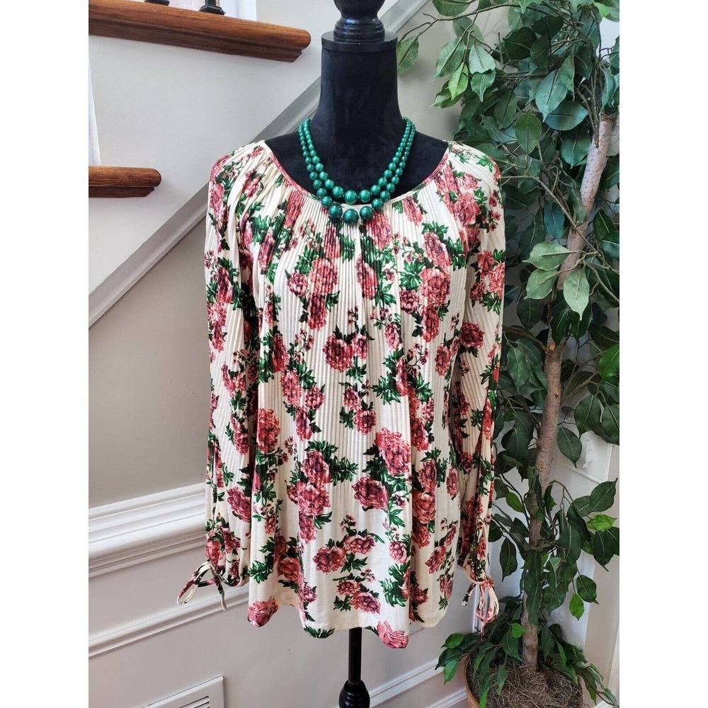 Mollys Women Floral Polyester Round Neck Long Sleeve Pullover Blouse Size Large